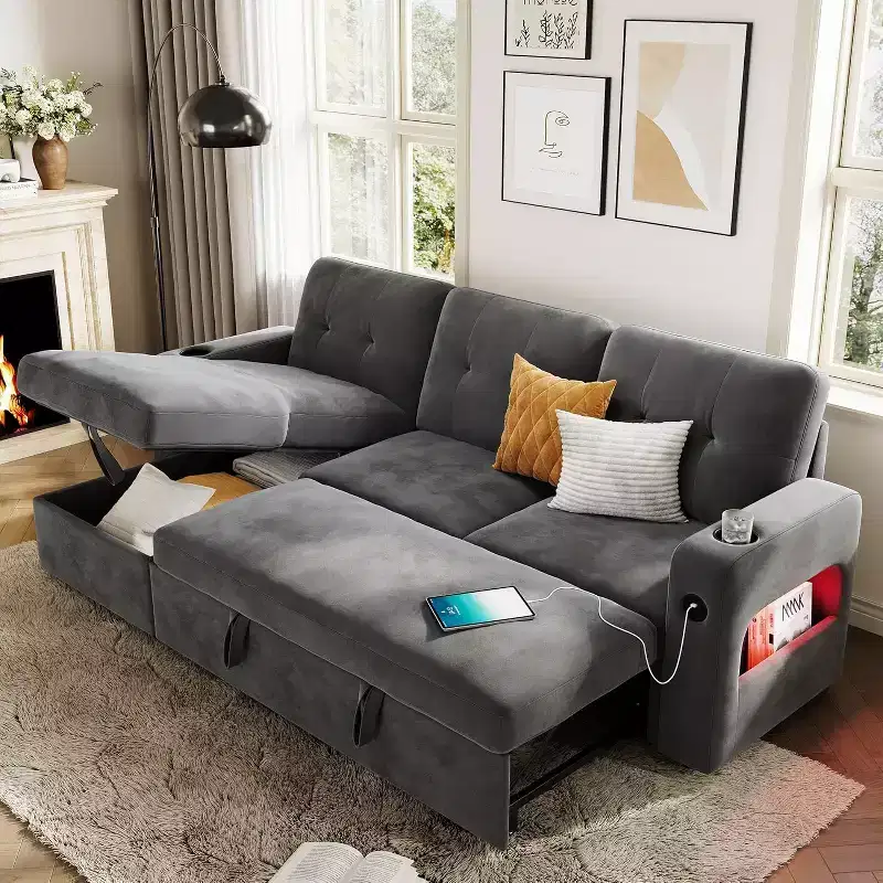 L-Shaped Sofa,Sleeper Sofa Couch, Convertible Pull Out Sofa Bed with Storage, Led Lights, Modern Sectional Sofa for Living Room, Apartment, Grey