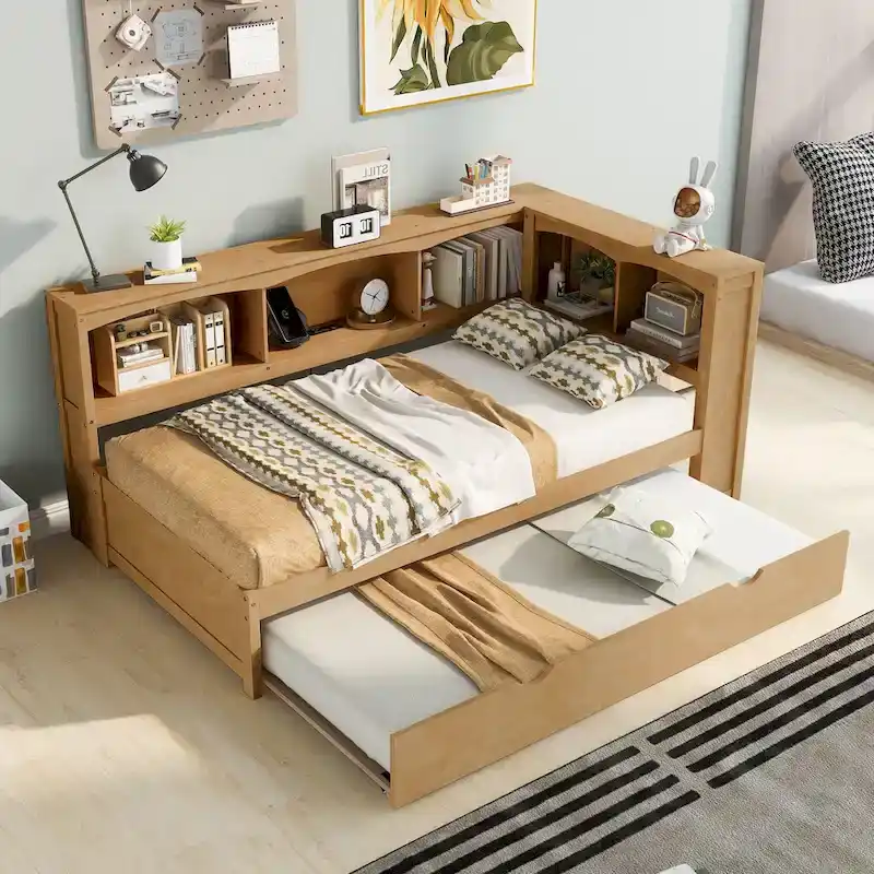 Twin Wooden Daybed with Trundle, 5 Storage Cabinets, USB & Power Outlet Charging Station, Pine Wood