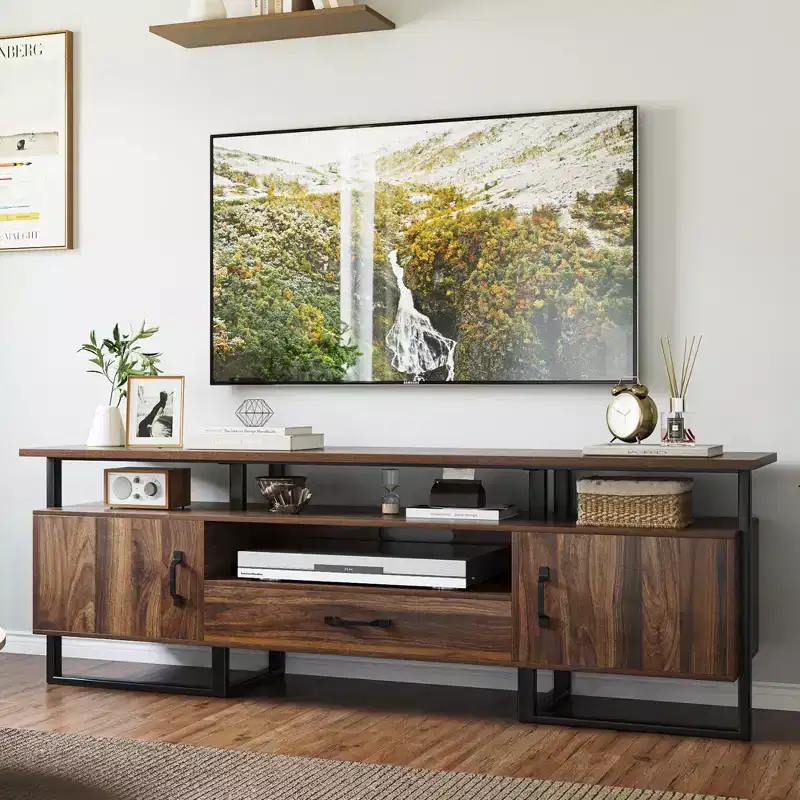 Rustic Brown Mid-Century TV Stand with Storage & Drawer, Fits up to 75