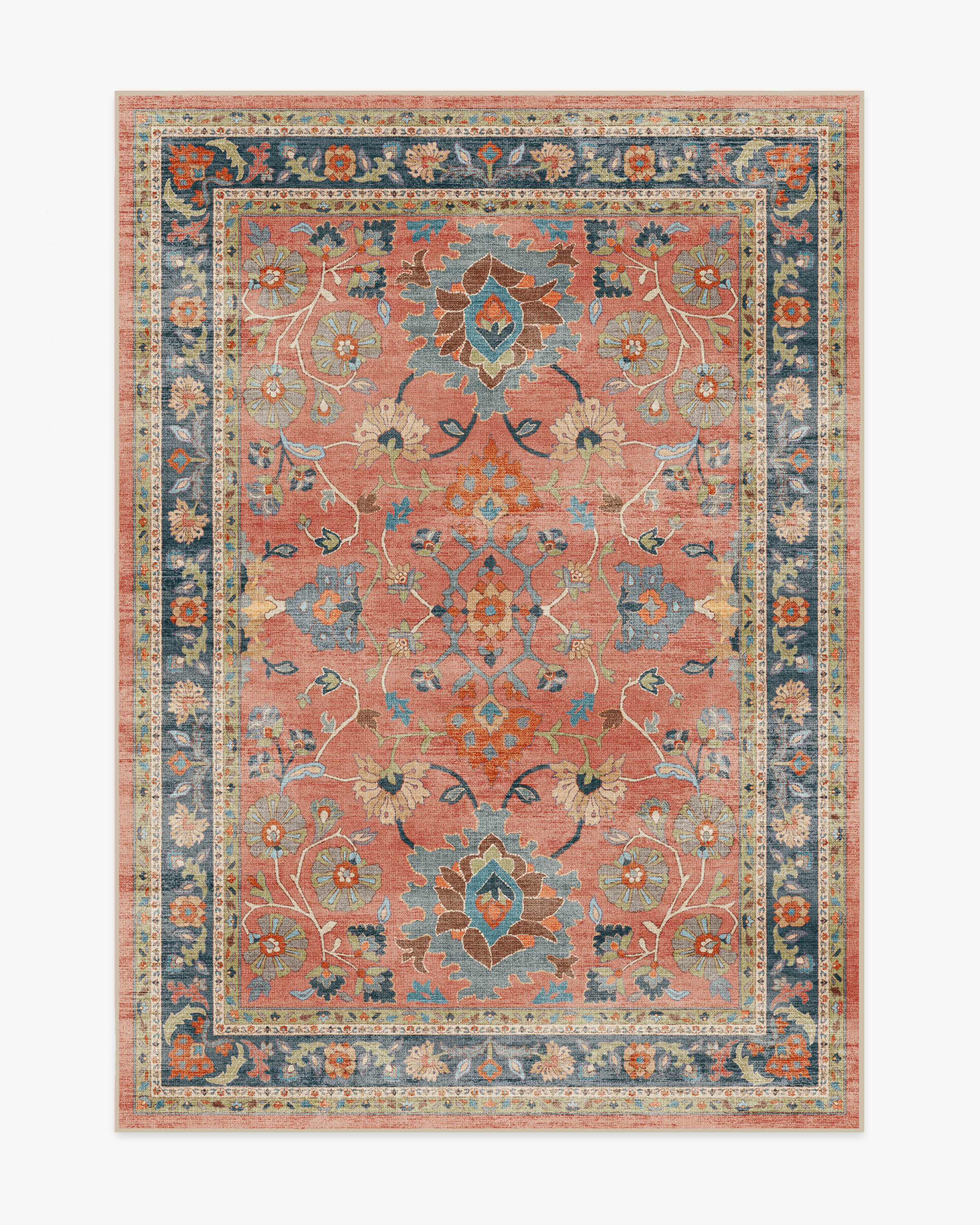 Coastal Persian Flatwoven Rug with Washable Coral Multicolor Floral Distressed Pattern for Living Room & Dining Room