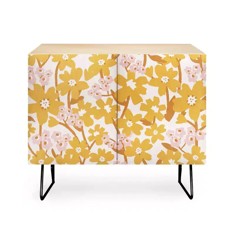 Wildflowers in Turmeric Credenza - Birch Frame, 2 Doors