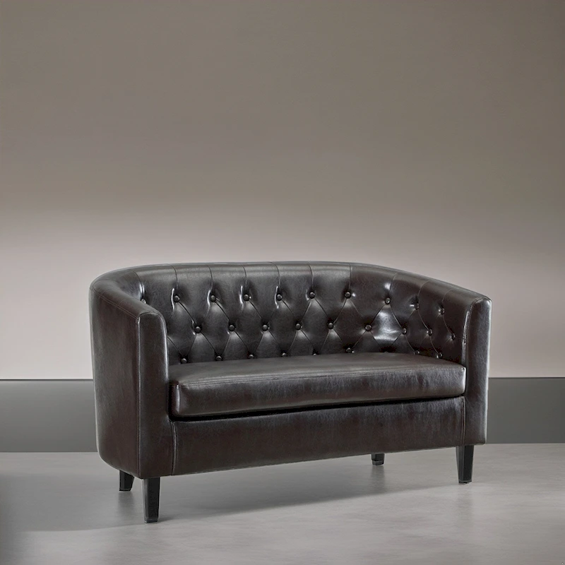 Midcentury Modern Button Tufted Faux Leather Barrel Loveseat - Comfy Tub Loveseat Sofa