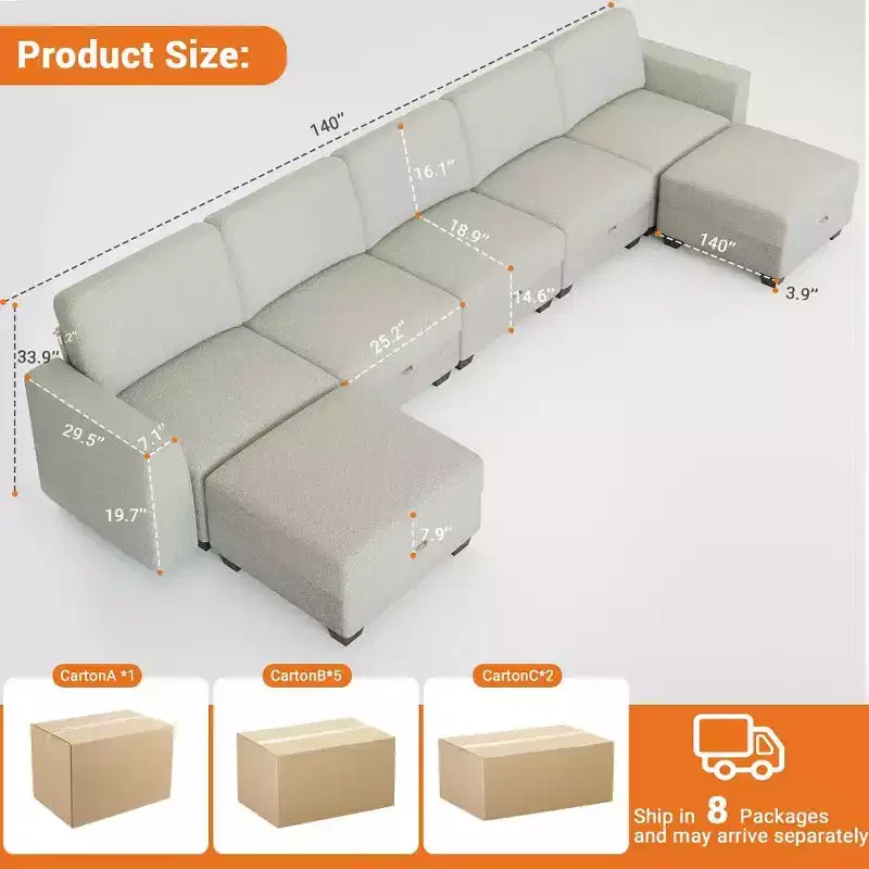 140 Modular Sectional Sofa - U-Shaped Corduroy Couch with Storage Ottomans (Grey)