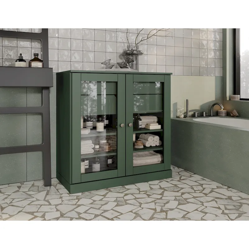 Palace Imports 100% Solid Wood 32 Bathroom Cabinet with Clear Glass Doors, 2-Drawers and Adjustable Shelves