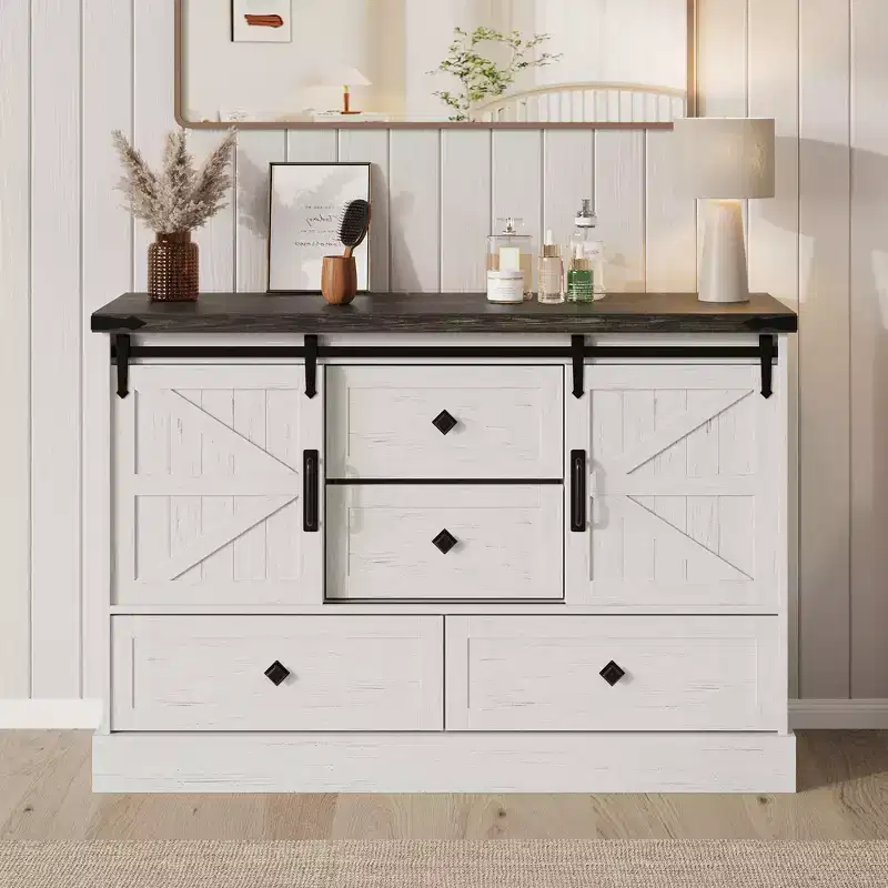 Farmhouse TV Stands for 65 Inch TV, Entertainment Center with Sliding Barn Doors, Television Stands with Large 4 Drawers, for Living Room Bedroom