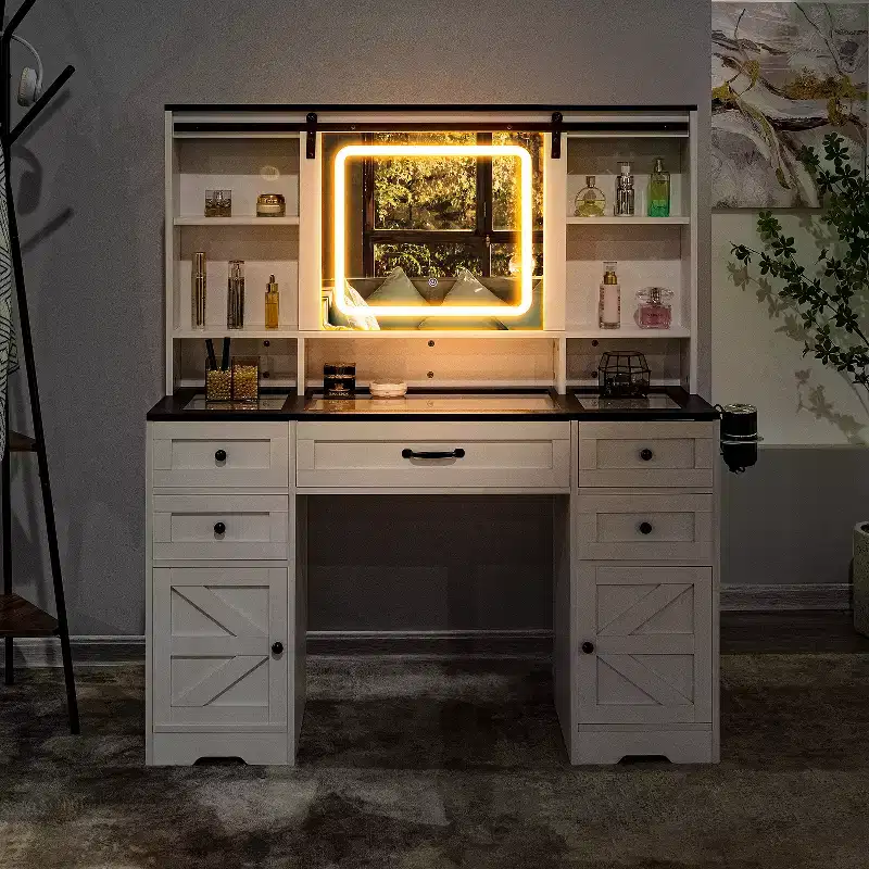 Vanity Desk with Adjustable Sliding Mirror and Lights in White