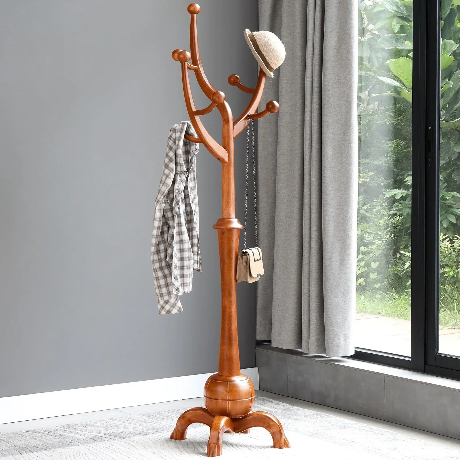Tree-branch Rubberwood Freestanding Coat Rack with 8 Hooks - 24.5W x 70.87H