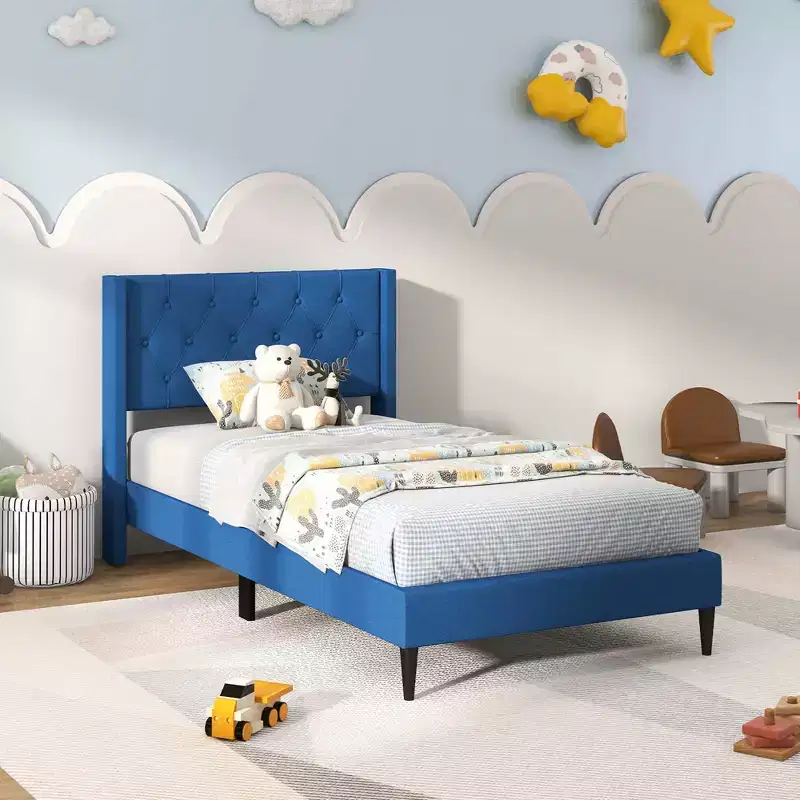Twin Size Upholstered Platform Bed with Button Tufted Wingback Headboard, Blue/Grey