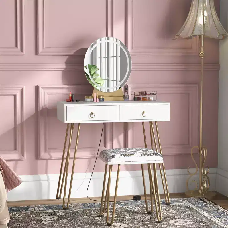 Table with Mirror Lamp, Dressing Table with 4 Drawers, Round Mirror, 3 Lighting Modes, Upholstered Stool  Bedroom Dressing Table
