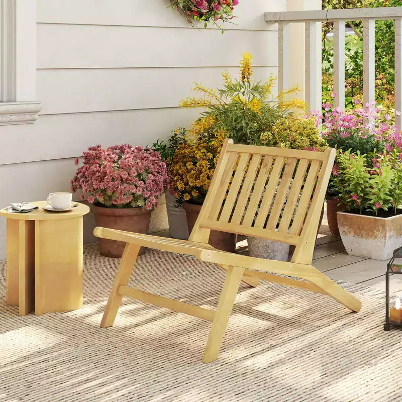 Costway Teak Wood Outdoor Reclining Chair Natural Mid Century Accent Chair w/ Backrest
