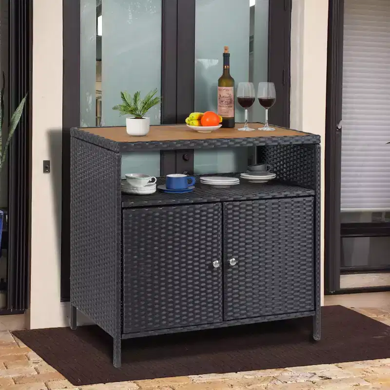 Resin Wicker Storage Cabinet, Versatile Outdoor/Indoor Organizer with Spacious Tabletop and Shelf, Ideal for Patio, Garden, Poolside, or Kitchen Use