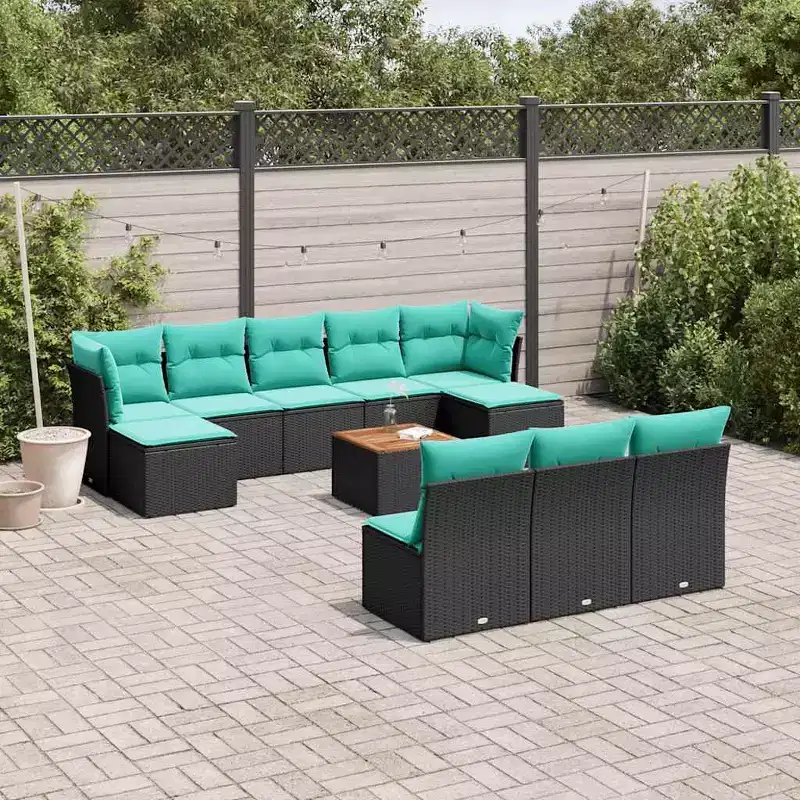 vidaXL 11 Piece Patio Sofa Set with Cushions Black Poly Rattan - Black and Blue