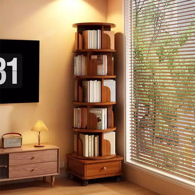6-Tier 360° Rotating Corner Bookshelf with Wheels - Walnut Brown