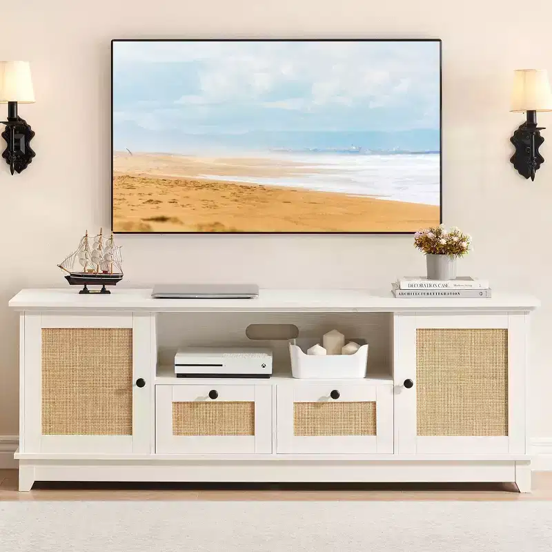TV Stand for TVs up to 65'', Mid Century Modern Entertainment Center with with Storage and Doors, Boho Media TV Console for Living Room, Bedroom