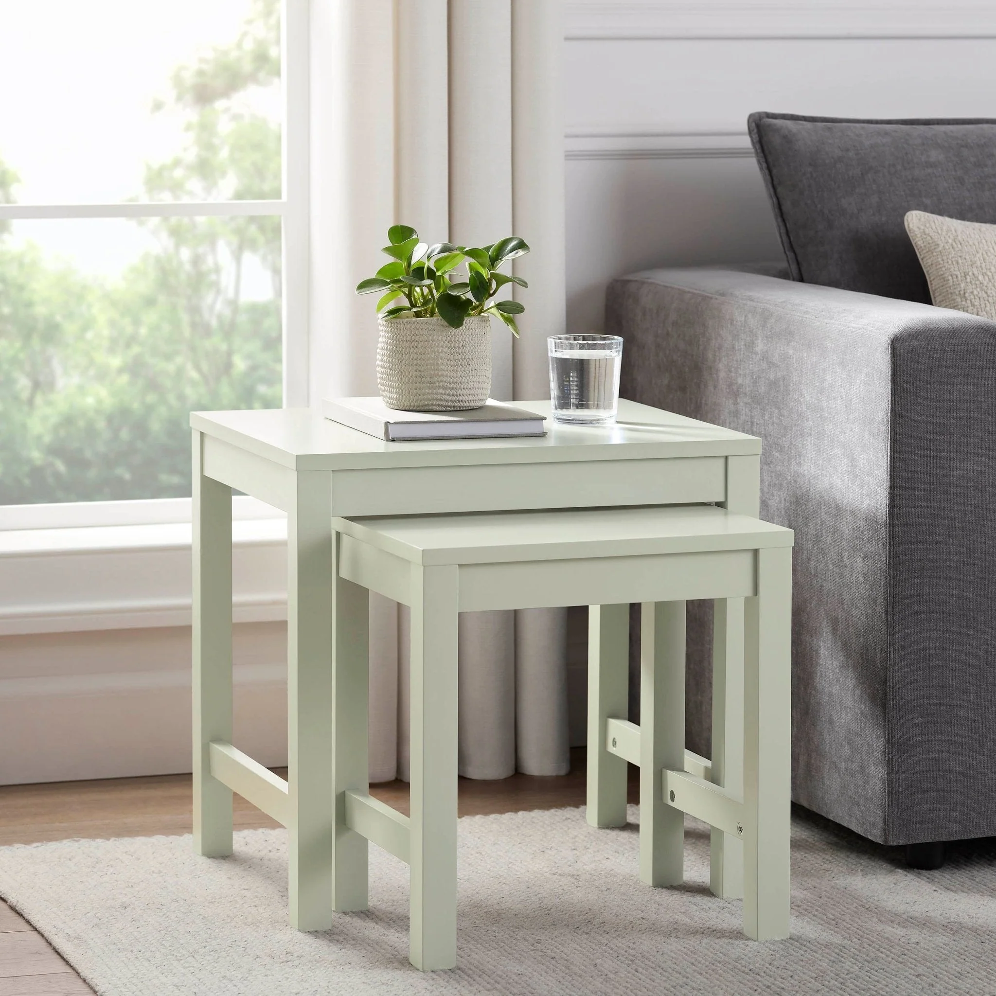 Modern Sage Green Painted Side Table with Open Shelf for Living Room