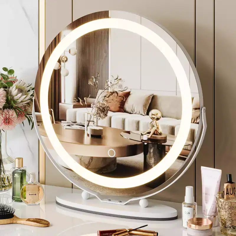 19 inch Makeup Mirror with Lights,360Rotation White Vanity Mirror for Bedroom, Tabletop and Desk Mirror
