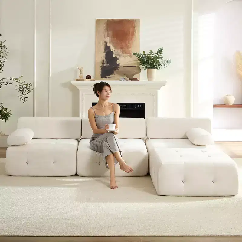 L-Shaped Velvet 3-Seater Modular Sectional Sofa With Ottoman, Convertible Sofa Couches with Rivet Trim