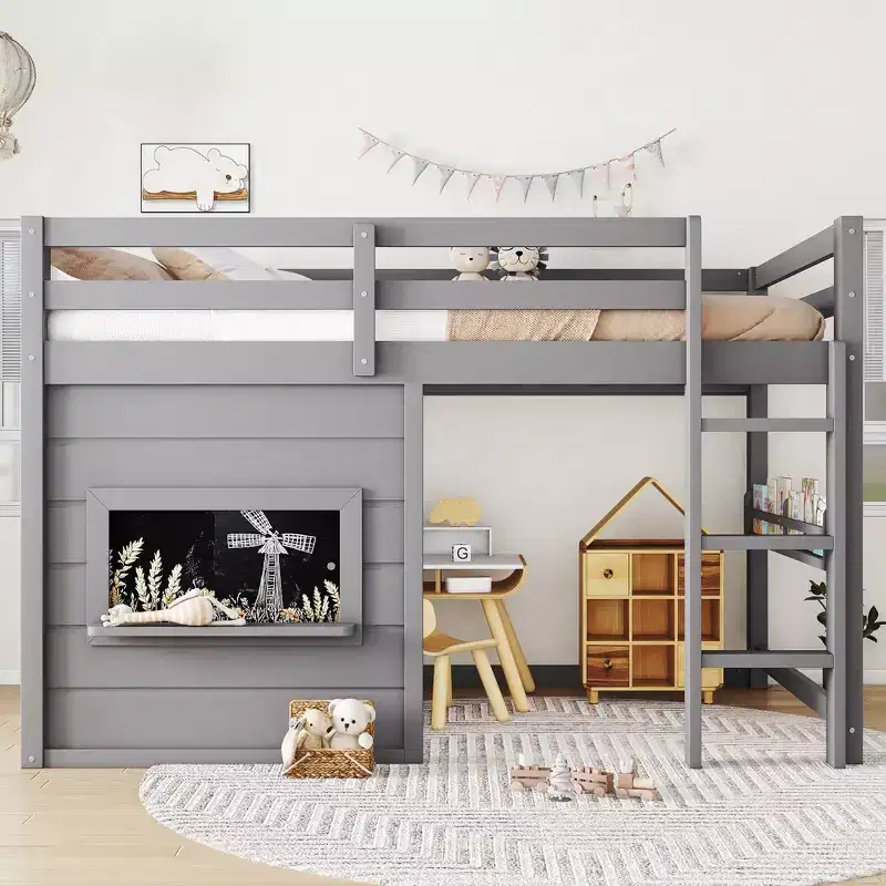 TUYOHW Kids Loft House Bed with Chalkboard,Twin/Full Wood Bed Frame with Play Space & Built-in Bookshelf,Pine Wood Cabin-Style Bunk for Boys,Girls