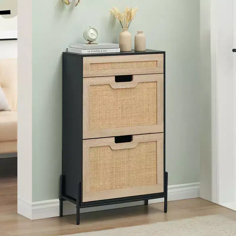 Shoe Cabinet with 3 Position Adjusted and Removable Shelf, Modern Freestanding Shoe Organizer ,2 Flip Door Shoe Rack with a Drawer, Black+Oak