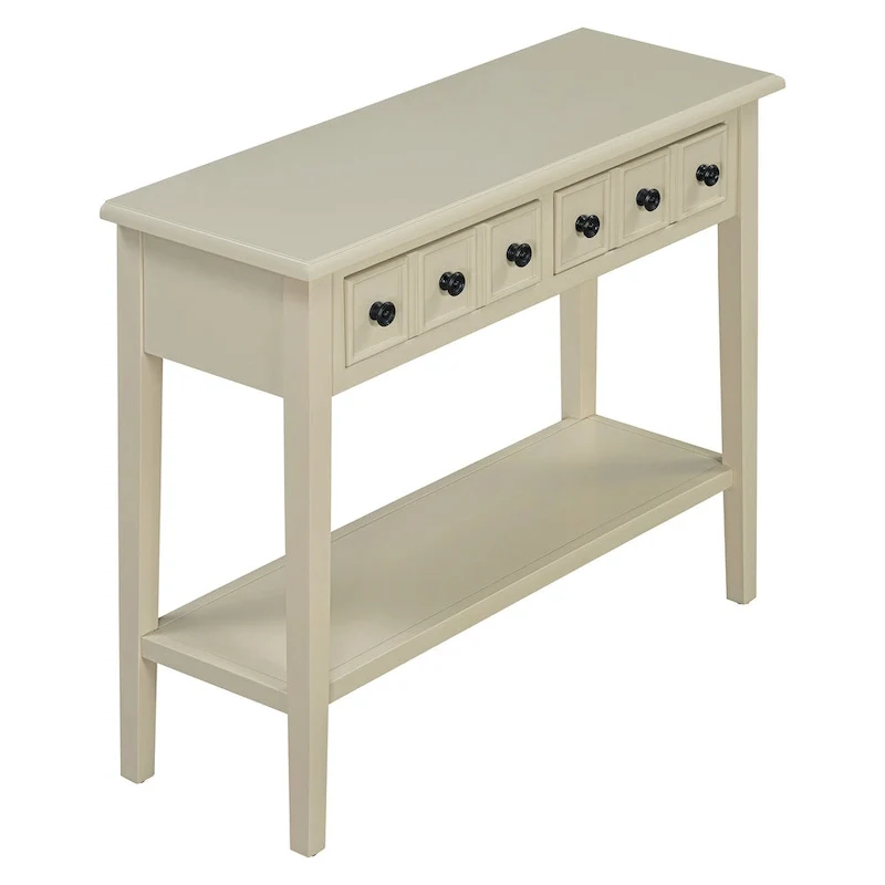 38.2 Rustic Console Table with Open Shelf and Three Drawers, Rubber Wood Legs