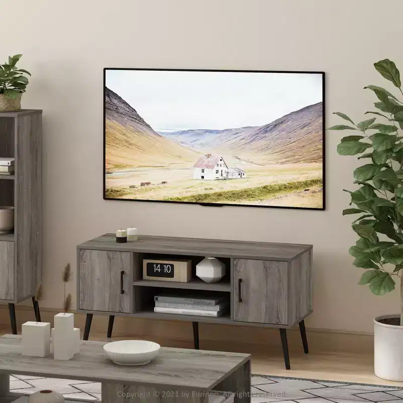 Mid-Century TV Stand with 2 Cabinets & Open Shelves for TVs up to 50
