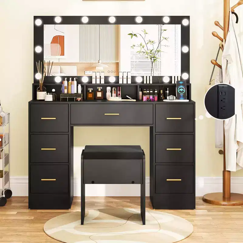 Makeup Vanity Desk with Mirror, Lights and Charging Station, 3-Color LED, Black/White