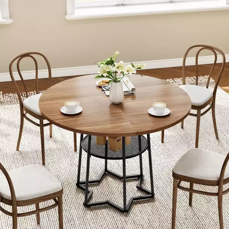 Round Dining Table, 38.2 Circle Kitchen Table with Storage, 17.7 W Round Mesh Storage Rack, Heavy Duty Hexagonal Metal Base (4 Pieces of Desktop)