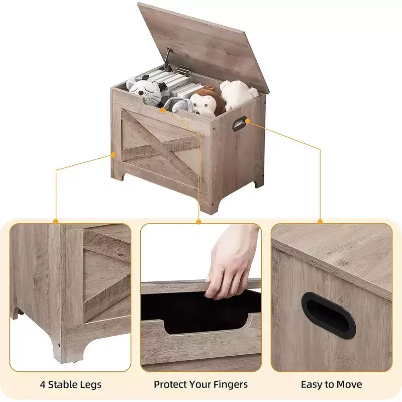 Storage Bench, Retro Wooden Storage Chest with 2 Safety Hinges, Loads 300 lb, Storage Ottoman Bench for Bedroom Living Room, Grey