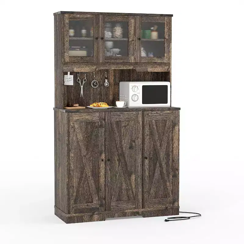 71 Tall Pantry Cabinet with Charging Station, Farmhouse Kitchen Hutch with Microwave Stand and Open Countertop for Living Room or Dining Room