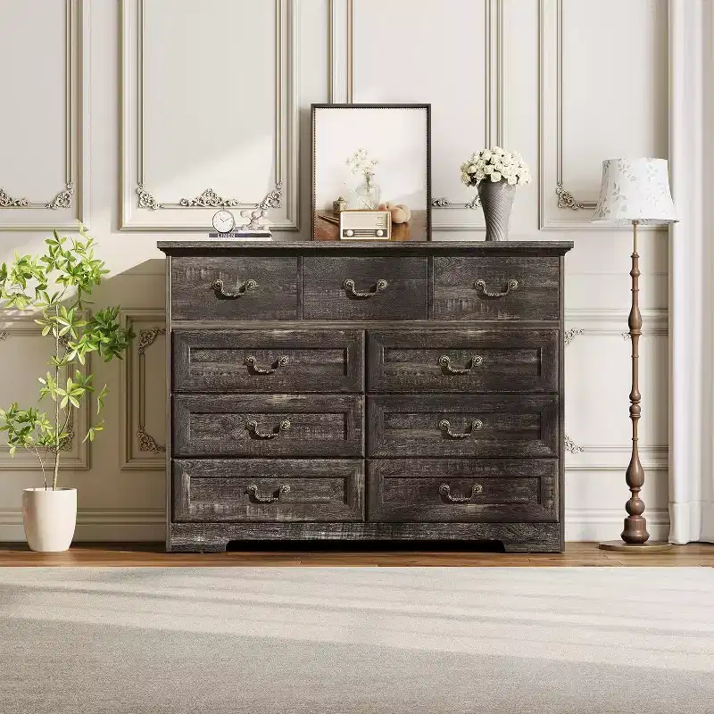 Farmhouse 9-Drawer Dresser for Bedroom- Vintage Rustic Wood Chest for Clothes & Essentials, Versatile Organizer for Bedroom, Living Room & Hallway