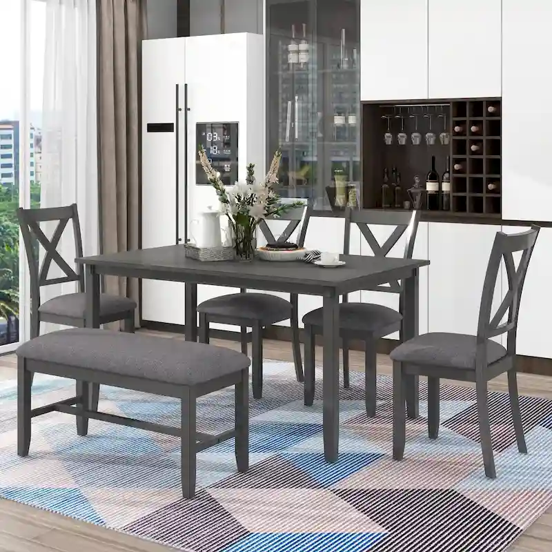 Gray Traditional 6-Piece Wooden Dining Table Set with 4 Upholstered Chairs and Bench