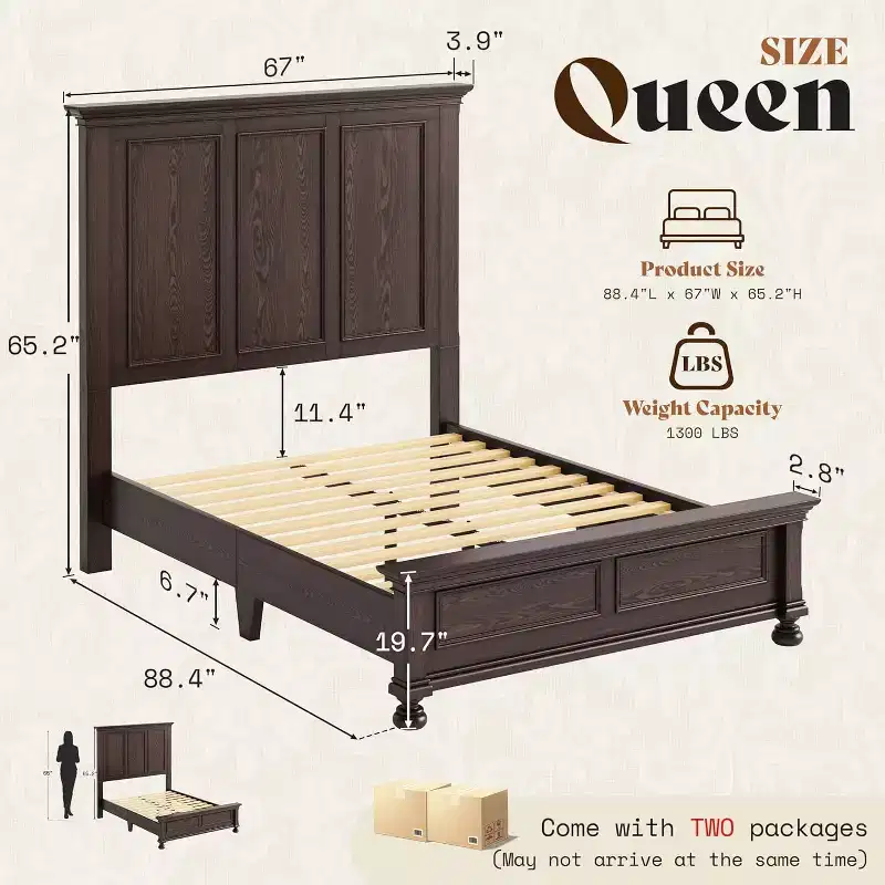 AMERLIFE Platform Bed Frame, Solid Wood with 65.2 Headboard, Heavy-Duty Slats, No Box Spring Required, Easy to Assemble