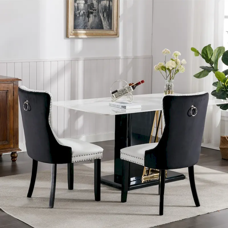 High Back Dining Chairs Set of 2, Upholstered PU Leather Kitchen Chairs Side Chair with Rear Handle Wood Legs
