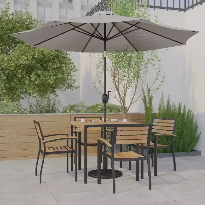 Emma and Oliver 7 Piece Patio Table Set - 4 Synthetic Faux Teak Stackable Chairs - Faux Teak Table - Umbrella with Base