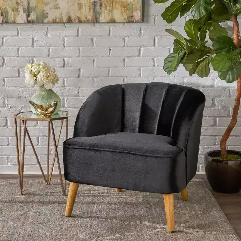 Velvet Upholstered Club Chair,Armchair with Curved Backrest,Channel Stitching,Splayed Rubberwood Legs,Accent Chair for Living Room,Bedroom