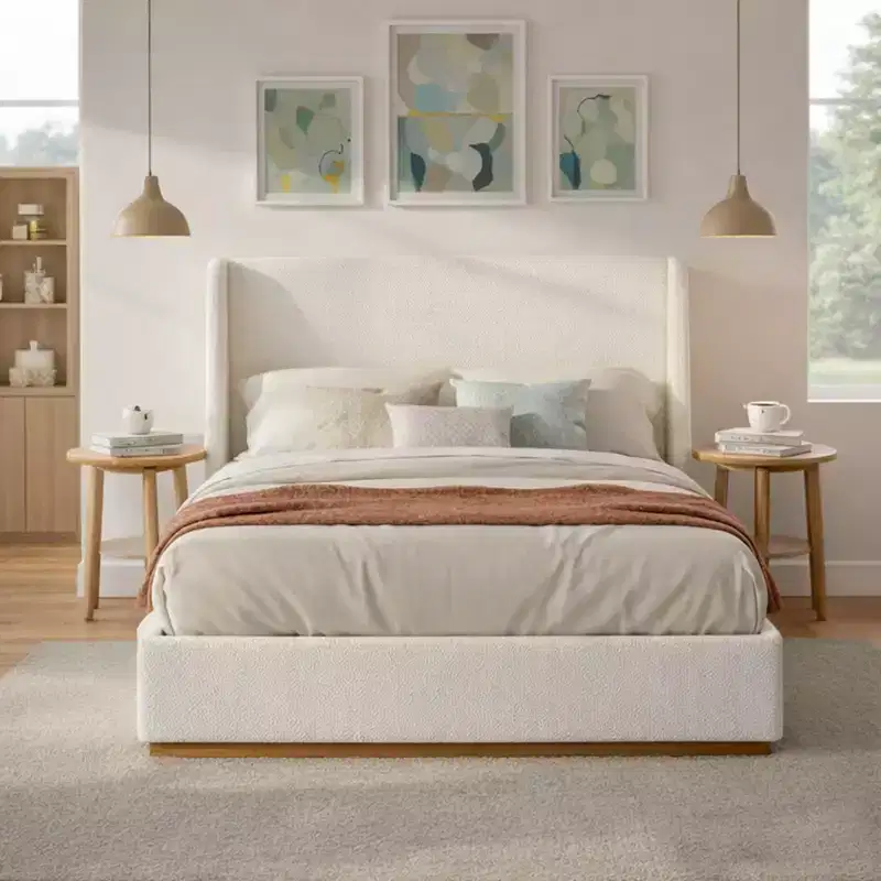 Luxury Wingback Upholstered Platform Bed, Queen/King Size Bed Frame with Solid Rubberwood Legs, White