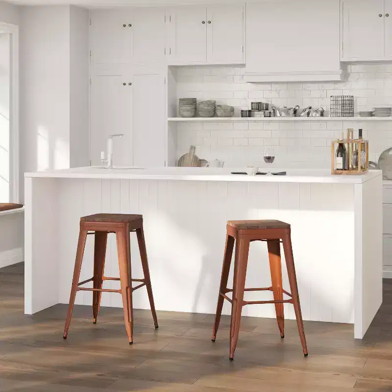 Backless Metal Dining Stool with Wooden Seat for Indoor Use, 30