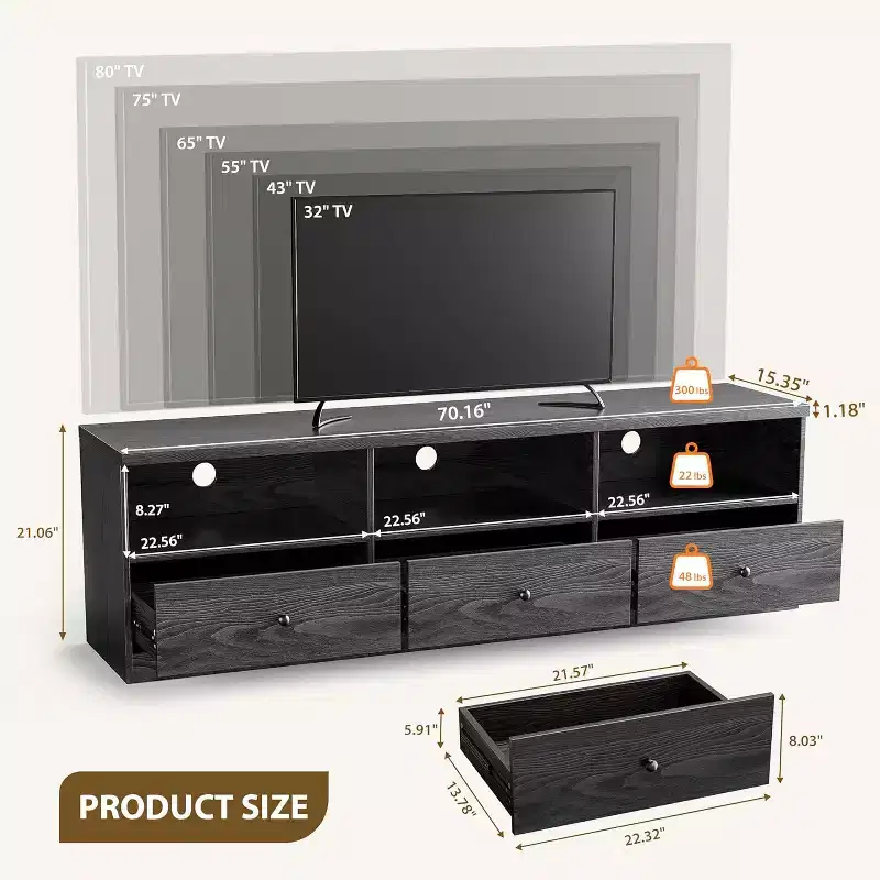 70 TV Stand with Storage Drawer, Entertainment Center for TVs up to 80, Modern TV Stands for Living Room Bedroom