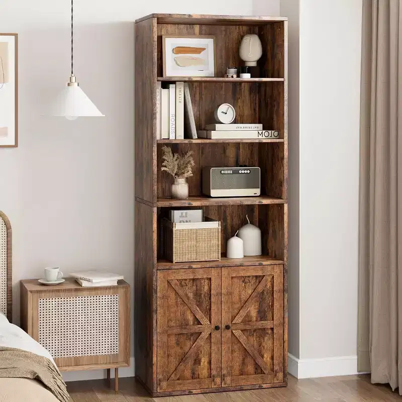 Acekool Farmhouse Bookcase with Doors, 6-Shelf 71 Tall Rustic Brown Display and Storage Cabinet for Home Office, Living Room