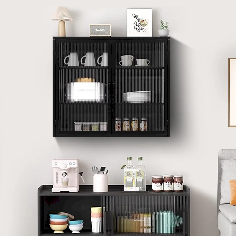 27.56Glass Doors Modern Two-door Wall Cabinet with Featuring Three-tier Storage for Entryway Living Room Bathroom Dining Room