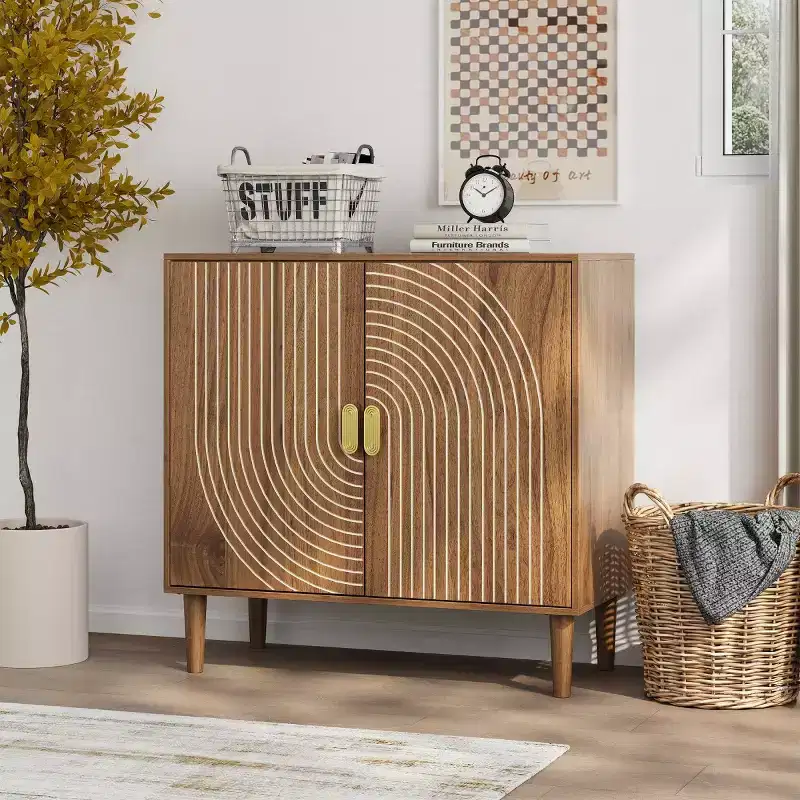 31 Mid-Century Modern Accent Storage Cabinet, Small 2-Door Sideboard with Geometric White Line Design, Solid Wood Legs - Panipeachy