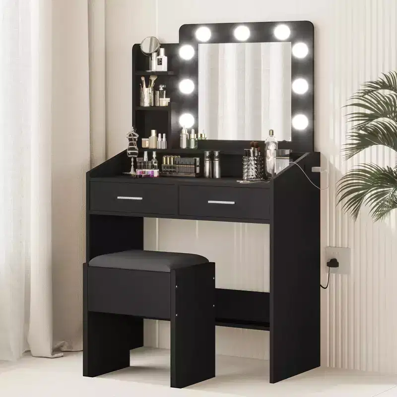 Vanity Desk with Mirror and Lights, Makeup Vanity with Power Outlet & Cushioned Stool, 3 Lighting Modes Adjustable Brightness, Dressing Table