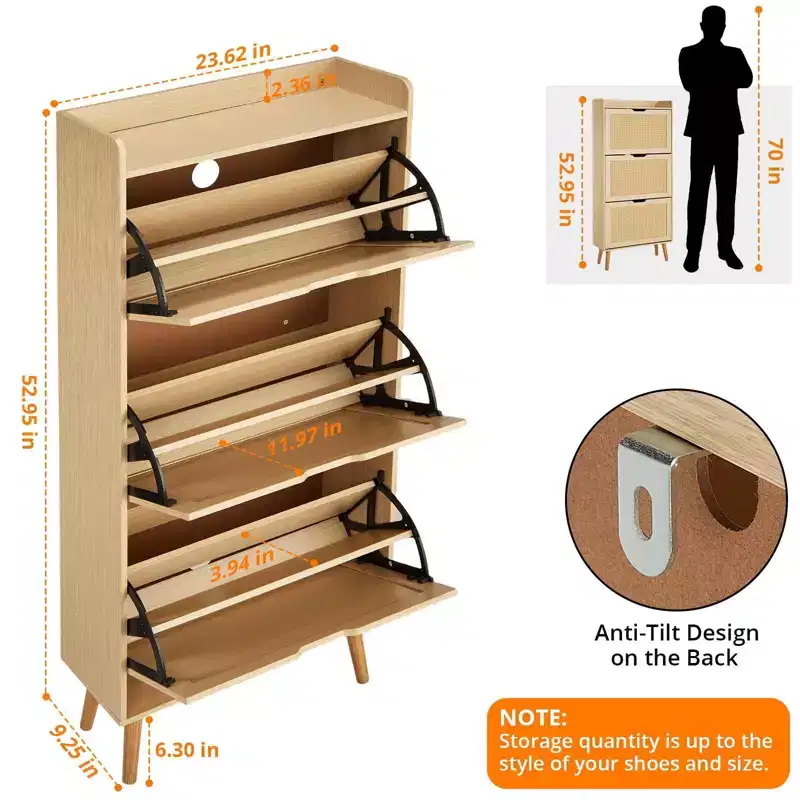 3-Drawer Slim Shoe Cabinet with Woven Rattan Front, 52.9Space-Saving 6-Tier Storage Organizer Bench for Entryway, Hallway & Porch