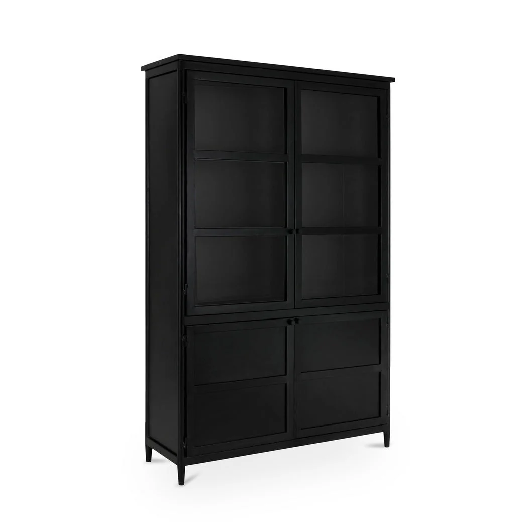 Transitional Matte Black Metal & Glass Tall Cabinet with Adjustable Shelves & Media Cutouts for Living Room or Study