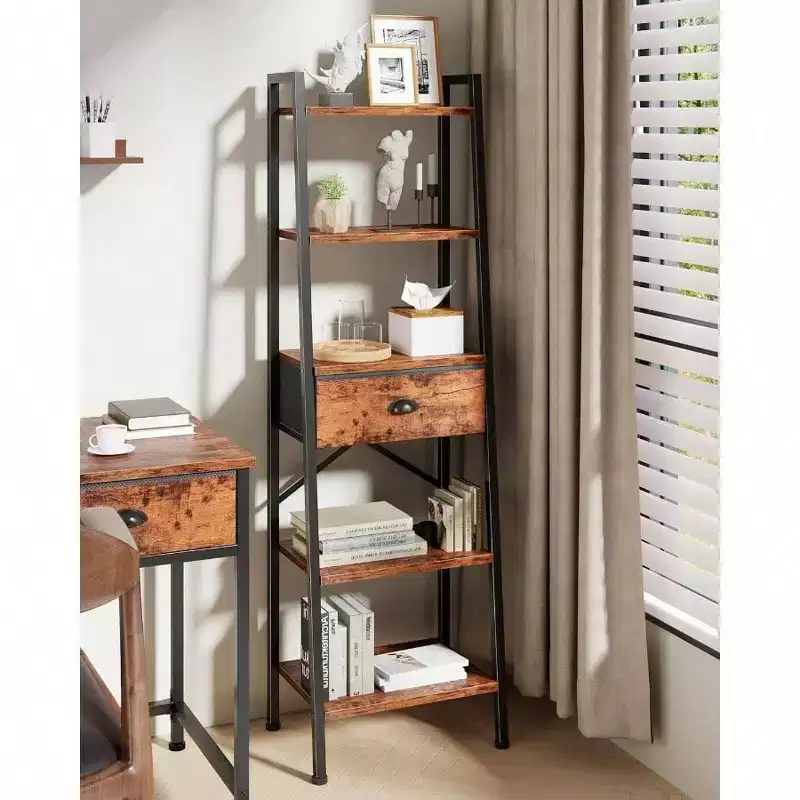 5 Tier Ladder Shelf Tall Narrow Bookshelf with Drawer Industrial Open Display Shelves Organizer Rustic Brown Bathroom