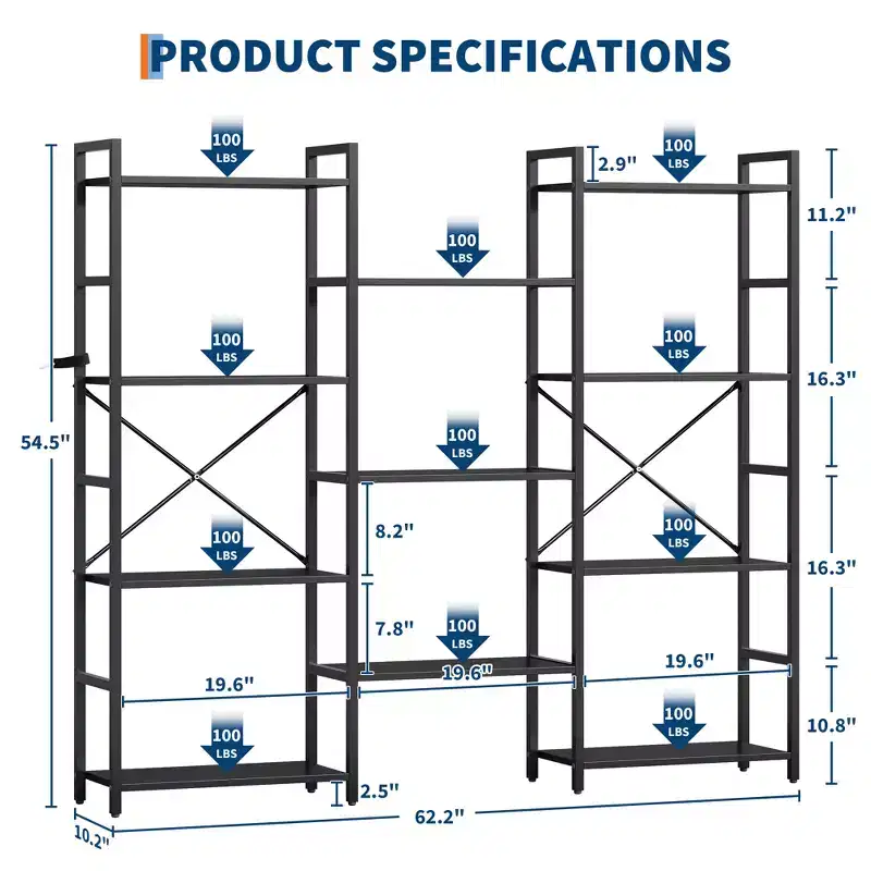 Industrial Triple Wide 4-Tier Bookshelf - 62.2 Deep Rustic Brown & Black Frame, 11 Adjustable Display Shelves for Living Room, Home, Office