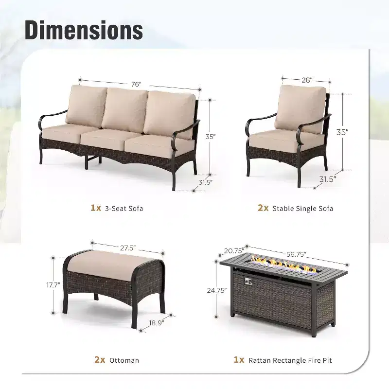 Captiva Designs 6pc Extra Large Metal and Rattan Outdoor Patio Fire Pit Set with Single Sofas and Ottomans