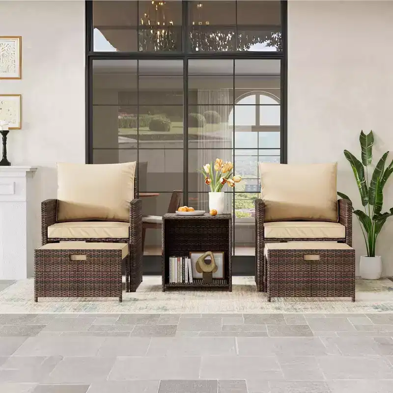 5-Piece High Back Patio Conversation Set with 2 Ottomans and Table, All-Weather PE Rattan Lounge Chairs with Soft Cushions