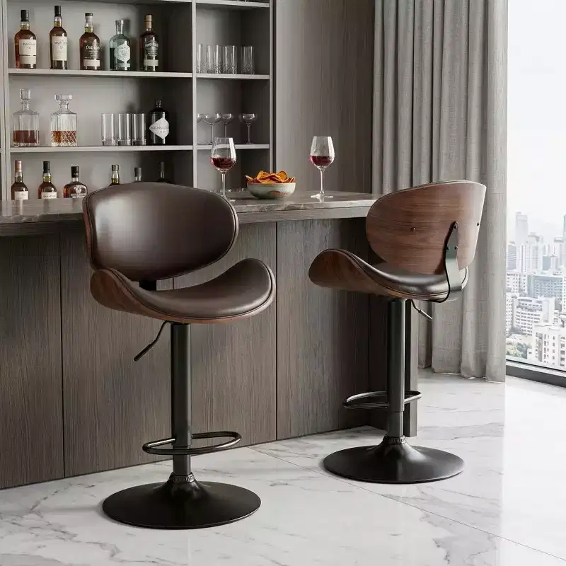 Brown and Black Faux Leather Wood And Aluminum Adjustable Height Swivel Bar Chairs