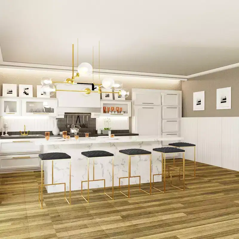 LeisureMod Quincy Set of 2 Bar Stools Upholstered in Leather with Gold Metal Frame, Counter Height Chairs for Kitchen Island